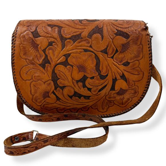 1950's cowgirl horseshoe buckle floral tooled leather handbag - Picture 4 of 12